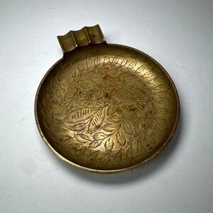 Vintage Solid Brass Ashtray Engraved Ornate Floral Small Incense Tray MCM India